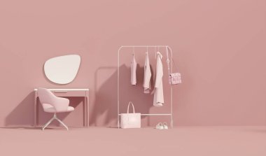 Askıda asılı elbiseler, masa makyajı ve pembe arka planda koltuk. Yaratıcı kompozisyon. Kopyalama alanı olan ışık arkaplanı. Web sayfası, sunum, stüdyo, mağaza modası için 3B hazırlama