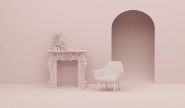 Noel tatilinde Pastel Noel Şöminesi. Hediyeler, çam ağaçları, podyum. 3d hazırlayıcı