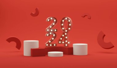 Yeni yıl 2024 kutlamaları altın gerçekçi metal parçalarıyla. Mutlu yıllar ve Noel tebrikleri için özel tasarım. Çin Yeni Yılı 2024 Modern sanat tasarımı kırmızı, altın arkaplan