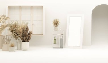 Beyaz stüdyoda yaratıcı iç tasarım. Oturma odasının içi minimalist, kanepe ve kurutulmuş vazo süslemesi, beyaz kapı..