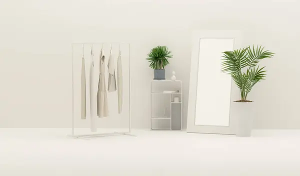 Creative interior design in white studio. Living room interior mockup in soft minimalist with plant pot, vase decoration, white mirror.Clothes on white background, shelf on cream background.