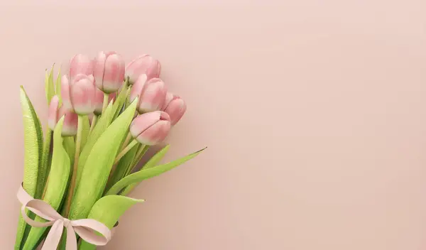 Welcome signboard mockup with international Women\'s Day, Valentine\'s Day. Gift of flowers. Pink tulips on pastel background, spring bouquet. 3d render of online flower delivery.