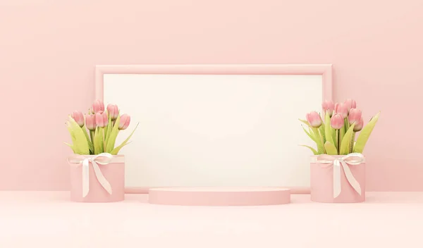 Welcome signboard mockup with international Women's Day, Valentine's Day. Gift of flowers. Pink tulips on pastel background, spring bouquet. 3d render of online flower delivery.