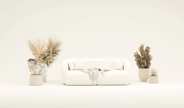 Creative interior design in white studio. Living room interior mockup in soft minimalist with sofa and dried grass vase decoration, white door.