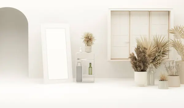 Creative interior design in white studio. Living room interior mockup in soft minimalist with sofa and dried grass vase decoration, white door.
