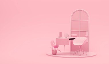 Minimal office table desk. For study desk, clock, plant pot and workspace. Mockup template pastel background. 3D rendering