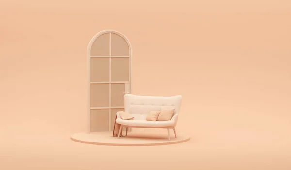 Living Room in trend Peach fuzz color 2024 year. A pastel wall accent paint background. Peach beige ivory shades of room interior design.