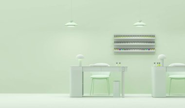 Pastel yeşili renk trendi 2024 arka planındaki güzellik merkezi. Manikürcü ve kadınlar ve erkekler için güzellik salonu. Manikür ve tırnak bakımı için yer