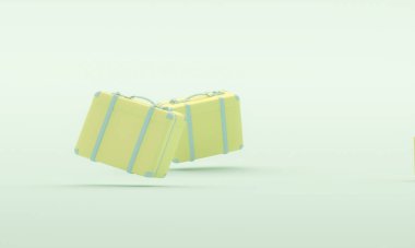 Lüks klasik bavul, sarı mavi arka planda retro seyahat bavulları. Şık bir tatil çantası, pastel renkler, turist arka planı, mesaj atmak için yer, stüdyo. 3d hazırlayıcı.