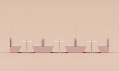 Pastel arka planda masa sandalyesi pembe. Cafe Restoran tasarımı lüks klasiği. Reklam fikri. Yaratıcı kompozisyon. 3D tasarım, sosyal medya ve satış kavramı