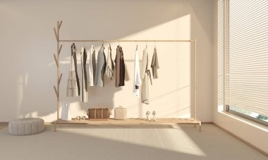 Sabah güneşli ve gölgeli raflı ahşap askı giysisi. Askıda asılı bej renkli kıyafet koleksiyonu. Ürünlerin gösterimi için boş alan. 3d hazırlayıcı