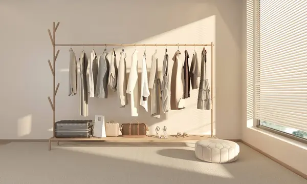 Wood coat rack clothing with shelf with morning sunlight and shadow. Collection of clothes hanging on rack in beige colors. Blank space for products display mockup. 3d render
