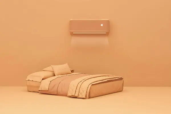 Air conditioner and bed on pastel orange background. Control air conditioner concept. Cool and cold climate control system. Minimalism concept on peach fuzz background