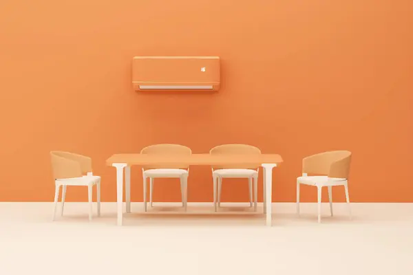 Air conditioner and table chair on pastel orange background. Control air conditioner concept. Cool and cold climate control system. Minimalism concept on peach fuzz background