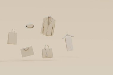 Pastel bej ve kahverengi arkaplan üzerinde şık erkek aksesuarları yüzen nesne 3d