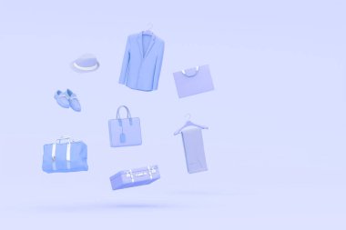 Pastel mor renkli arka plan yüzen nesnelerin üzerindeki şık erkek aksesuarları. 3D görüntüleme. Ayakkabı çantalı modern erkek aksesuarları alışverişi kavramı.