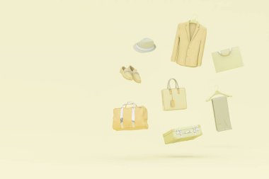 Stil erkek aksesuarları pastel sarı arka planda yüzen nesneler. 3D görüntüleme. Ayakkabı çantalı modern erkek aksesuarları alışverişi kavramı.