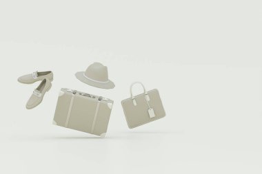 Pastel bej ve kahverengi arkaplan üzerinde şık erkek aksesuarları yüzen nesne 3d