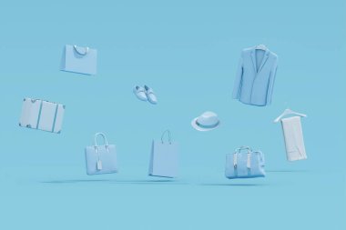 Pastel mavisi arka planda yüzen nesneler üzerinde şık erkek aksesuarları. 3D görüntüleme. Takım elbiseli, şapkalı, ayakkabılı, alışveriş çantalı modern erkek aksesuarları..