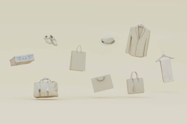 Pastel bej ve kahverengi arkaplan üzerinde şık erkek aksesuarları yüzen nesne 3d