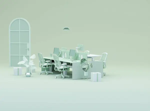 Masaları Sandalyeleri Bitkileri Bilgisayarları Olan Yaratıcı Çalışma Alanı Moda Tasarım Stok Resim