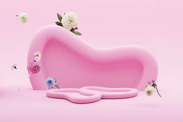 Дисплей Подиума Пастельно Розовый Фон Гортензиями Цветок Винтажная Рамка Цветы Стоковое Изображение