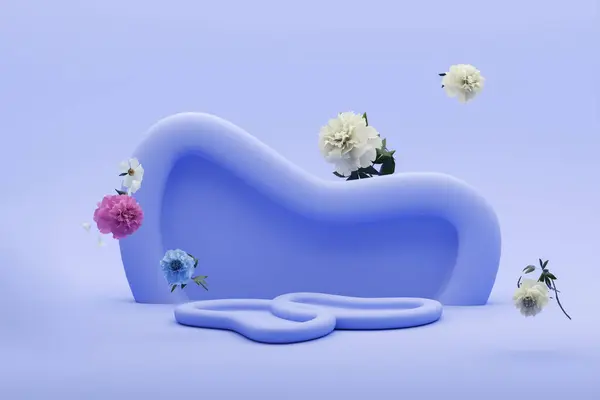 Exhibición Del Podio Fondo Azul Púrpura Pastel Con Flor Hortensias Imagen De Stock