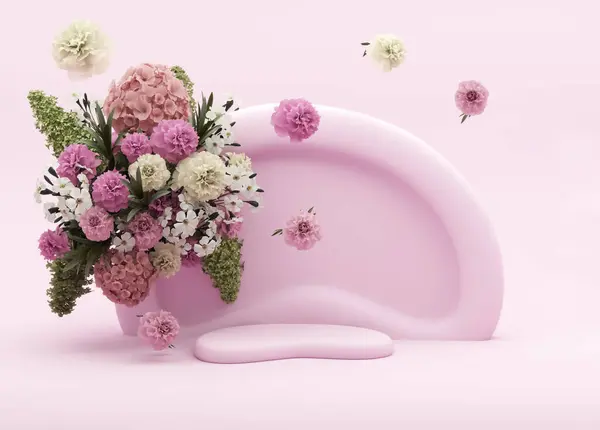 Дисплей Подиума Пастельно Розовый Фон Гортензиями Цветок Винтажная Рамка Цветы Стоковое Фото