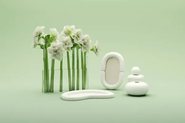 Taş Ürün Kürsüsü Doğal Yapraklı Küçük Sahne Pastel Yeşil Beyaz Stok Resim