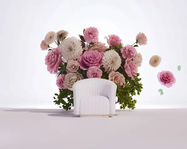Luxury Armchair Colorful Flowers Pastel Background Advertisement Idea Creative Composition Stock Photo