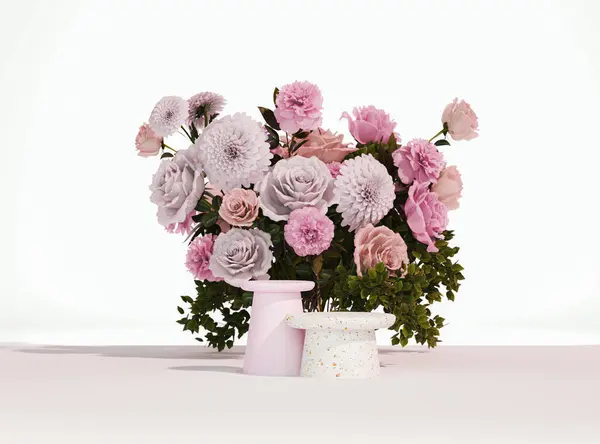 Boyutlu Podyum Gül Çiçekli Pastel Pembe Arkaplan Şakayık Çiçekleri Palmiye - Stok İmaj