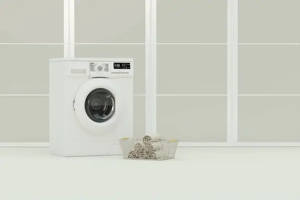 Wasmachine Realistisch Met Wasmand Huishoudelijke Wasmachines Stofzuiger Scoop Realistische Rendering Stockfoto