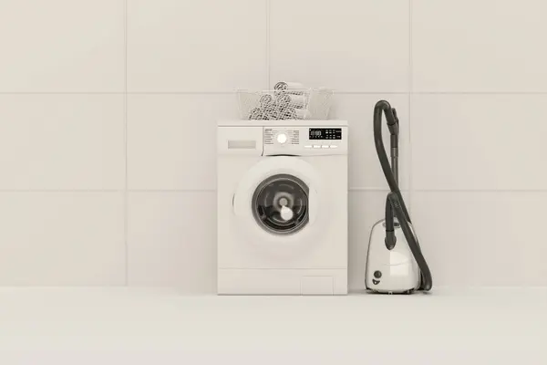 Wasmachine Realistisch Met Wasmand Huishoudelijke Wasmachines Stofzuiger Scoop Realistische Rendering Stockafbeelding