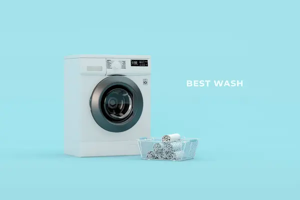 Wasmachine Realistisch Met Wasmand Huishoudelijke Wasmachines Stofzuiger Scoop Realistische Rendering Rechtenvrije Stockfoto's