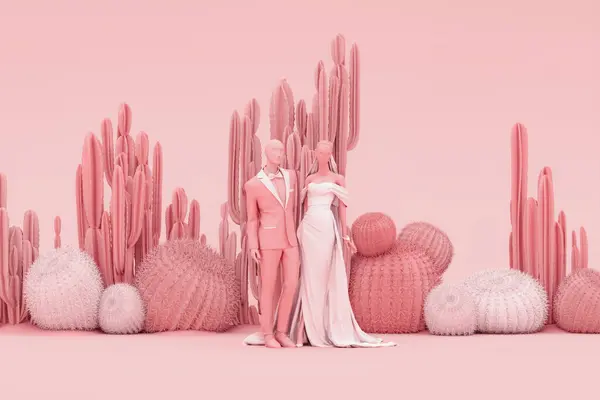 Decorative Composition Groups Different Species Multicolored Cacti Pink Background Cinco Stock Image