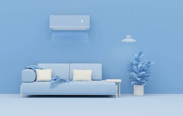 Blue air conditioner and sofa on pastel blue background control air conditioner 3d render