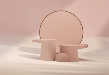 Podyum ve soyut arkaplanı olan en küçük sahne. Pastel bej ve altın beyazı renkli sahneler. Sosyal medya afişleri, tanıtım ve kozmetik ürünler için 3D moda. Geometrik şekiller iç kısımda.