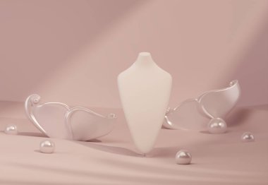 Kolye için büyük bir mücevher gösterisi. Tahta, taş tutucu. Pastel Pink renkli manken mücevher standının etrafında inciler var. Sosyal medya afişleri ve terfiler için 3D moda oluşturma