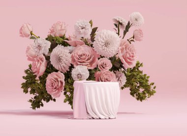  Pastel pembe arka planda gül çiçekli mermer taş podyum. Şakayık çiçekleri ve palmiye yaprağı gölgesi. Güzellik için minimum kaide, kozmetik ürün. Valentine, kadınsı kopyalama alanı şablonu 3d oluşturma