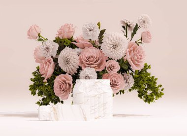 Yuvarlak masa üzerindeki masa örtüsü, gül çiçekleriyle birlikte pembe arka plan. Şakayık çiçekleri ve palmiye yaprağı gölgesi. Güzellik için minimum kaide, kozmetik ürün. Valentine, kadınsı kopya alanı şablonu