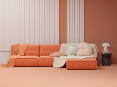 Kayısı ezme eğilimi 2024 yılı birinci sınıf oturma odasında. Sanat için doku modelleme duvarı - mikroçimento pastel gri boz rengi. Modern oda iç tasarım salonu. Aksan şeftali tüyü kanepe. 3d hazırlayıcı