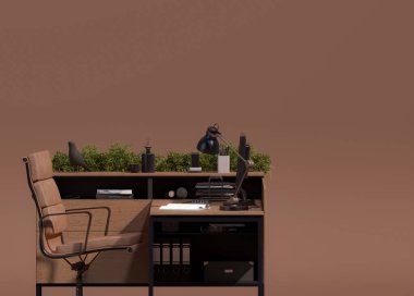 minimal office table desk counters with computers and chairs for visitors and customer service desk mocha mousse color background. 3d rendering clipart