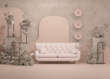 Düğün için çiçek kemeri, doğum günü, bebek partisi kutlaması, tatil. Pastel bej arka planda pembe koltuk. 3 boyutlu görüntüleme. Romantik yaratıcı kompozisyon.