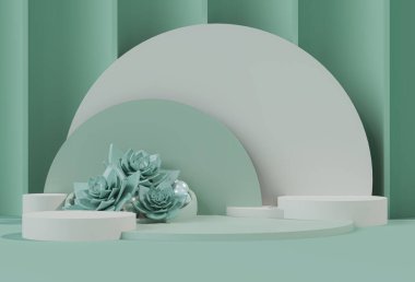  Podyum, tropikal palmiyeler, kaktüs ve soyut arkaplan sahneleri. Pastel mavi ve yeşil renkler sahnesi. Sosyal medya afişleri, promosyon, kozmetik ürün fuarı için 3D moda hazırlama.