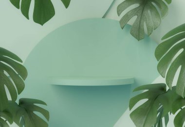 Podyum, tropikal palmiyeler, canavar yaprakları ve soyut arkaplan sahneleri. Pastel mavi ve yeşil renkler sahnesi. Sosyal medya afişleri, promosyon, kozmetik ürün fuarı için 3D moda hazırlama.