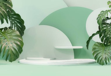 Podyum, tropikal palmiyeler, canavar yaprakları ve soyut arkaplan sahneleri. Pastel mavi ve yeşil renkler sahnesi. Sosyal medya afişleri, promosyon, kozmetik ürün fuarı için 3D moda hazırlama.