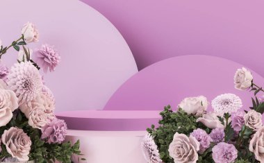 3 boyutlu podyum, gül çiçekli pastel pembe arkaplan. Şakayık çiçekleri ve palmiye yaprağı gölgesi. Güzellik için minimum kaide, kozmetik ürün. Valentine, kadınsı kopyalama alanı şablonu 3d oluşturma
