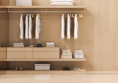 Bej arka planda wadorable giysiler, arka planda ahşap raf. Tarafsız bej rengi bir askıda asılı kıyafet koleksiyonu. 3D görüntüleme, depolama ve yatak odası konsepti