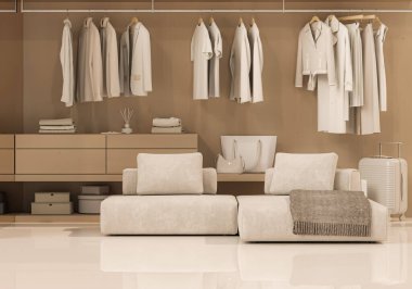 Bej arka planda wadorable giysiler, arka planda ahşap raf. Tarafsız bej rengi bir askıda asılı kıyafet koleksiyonu. 3D görüntüleme, depolama ve yatak odası konsepti