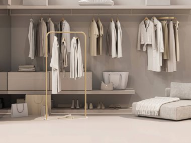 Bej arka planda wadorable giysiler, arka planda ahşap raf. Tarafsız bej rengi bir askıda asılı kıyafet koleksiyonu. 3D görüntüleme, depolama ve yatak odası konsepti